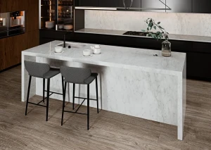 Powierzchnia matowa spieku kwarcowego Carrara Blanco 120x260 prezentująca wyrazisty wzór inspirowany marmurem Carrara.