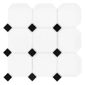 Octagon White 95 matt – Biała Mozaika Oktagon z Czarnymi Kwadratami, Matowa | DUNIN Arabesco